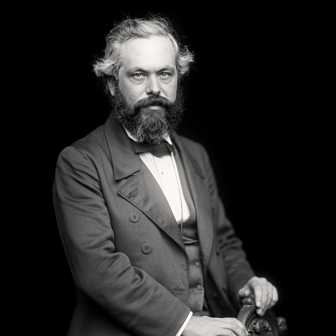К. Маркс, Лондон, начало 1860-х — AI-портрет по кабинетной фотографии